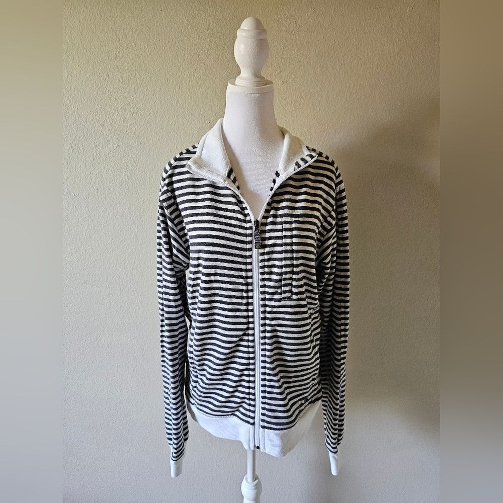 Lululemon Grey And White Striped Zip Up Sweater Medium